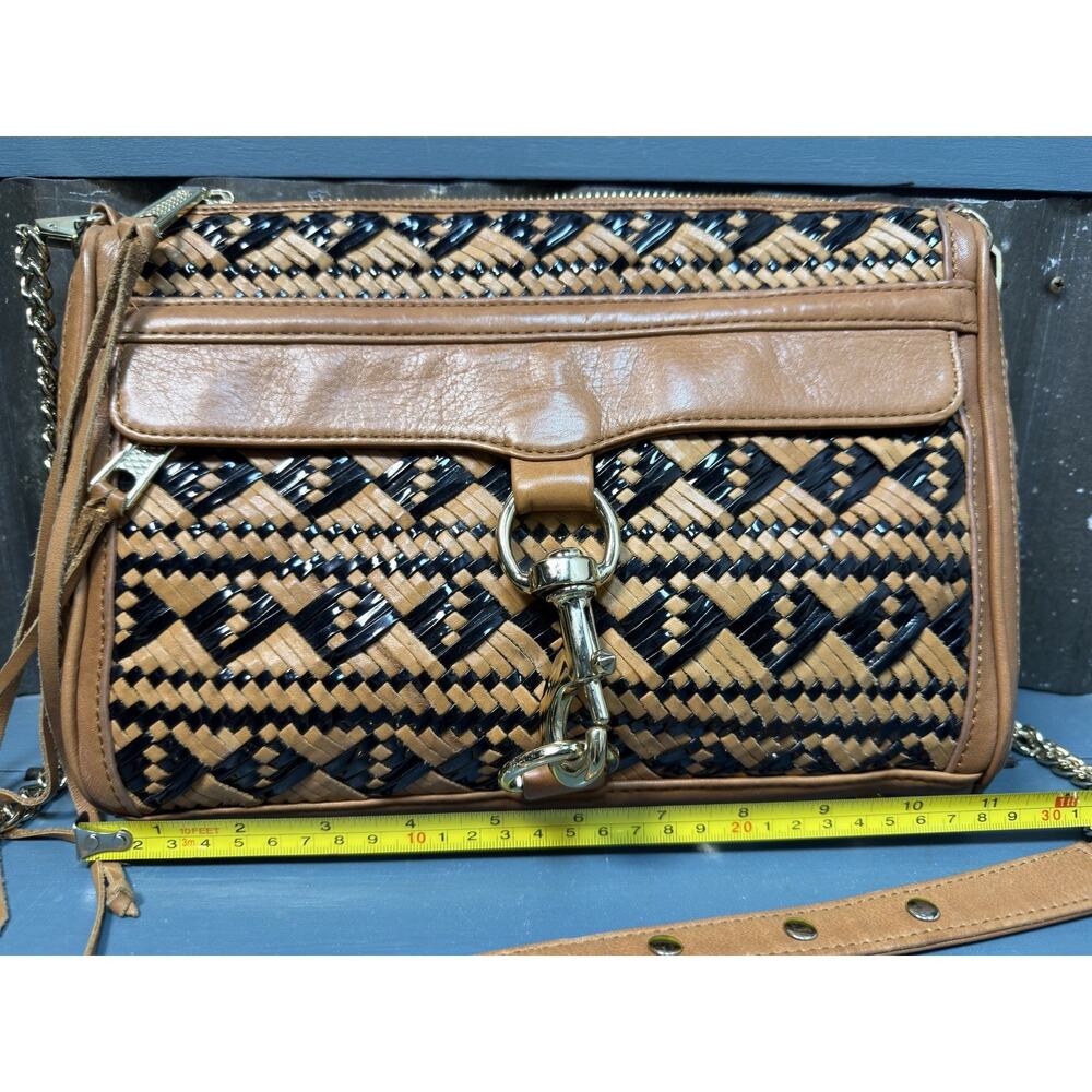 Rebecca Minkhoff MAC Woven Leather Crossbody Bag Purse Black Tan Brown Boho - Picture 9 of 10